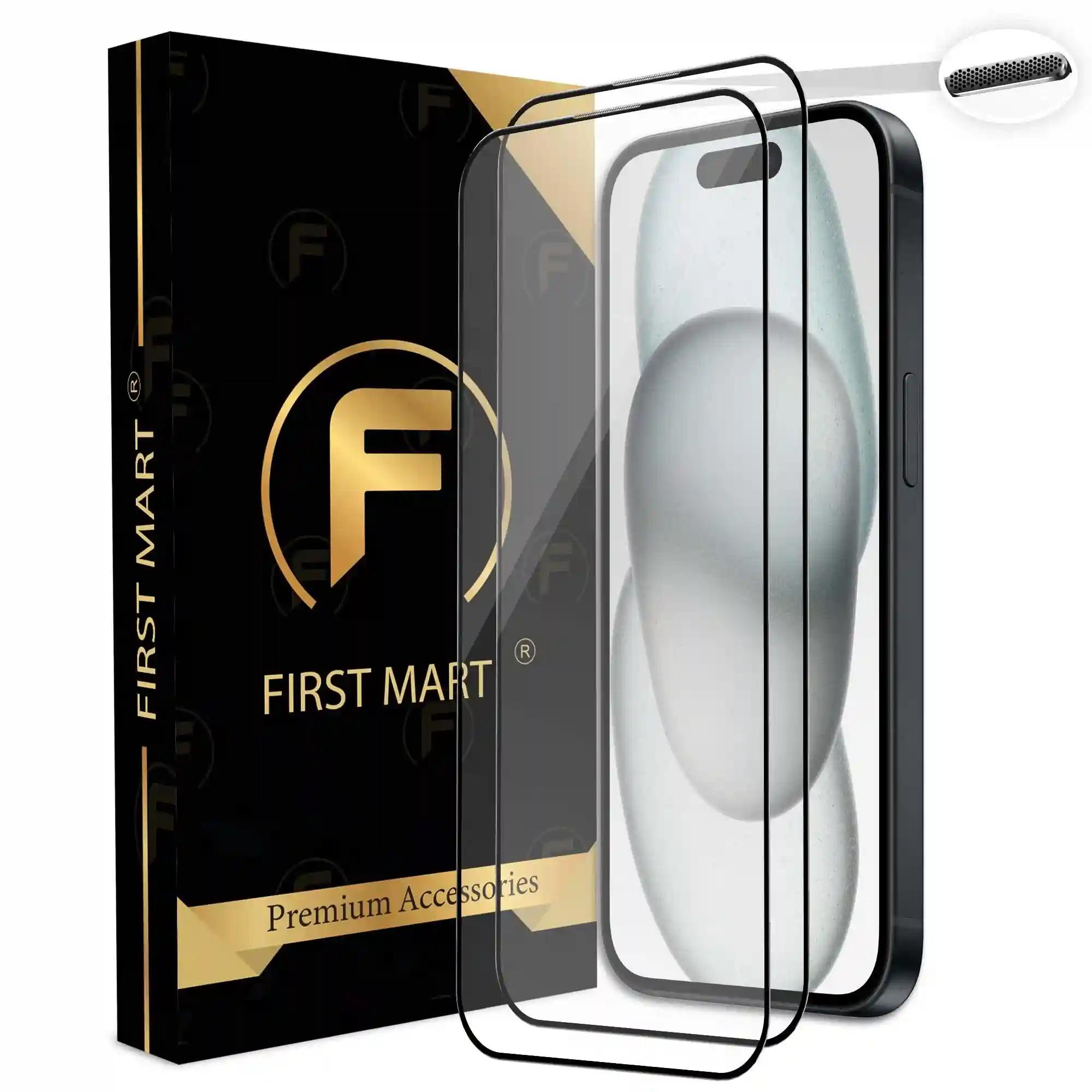 FIRST MART Premium Tempered Glass for iPhone 15 Edge to Edge Screen Coverage and Speaker Mesh Dust Filter, Easy Installation Kit, Pack of 2, Black