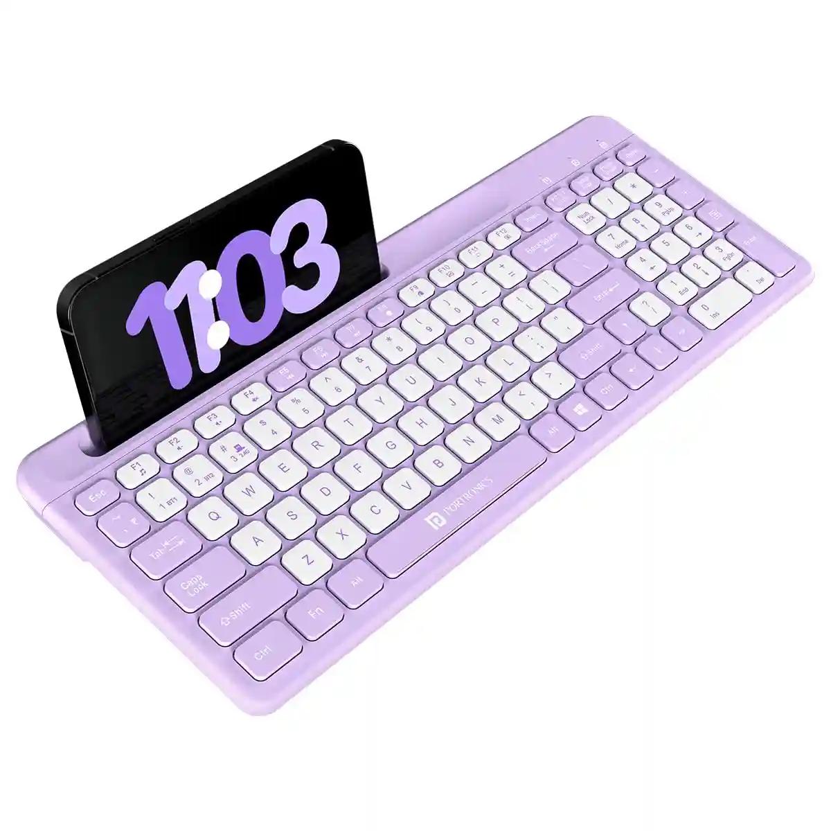 Portronics Bubble Square Wireless Keyboard with Bluetooth + 2.4 GHz USB Receiver (Dual Connectivity), Pair 3 Devices Max, Multimedia Hotkeys, for Laptop, PC, Smartphone, Tablet (Purple)