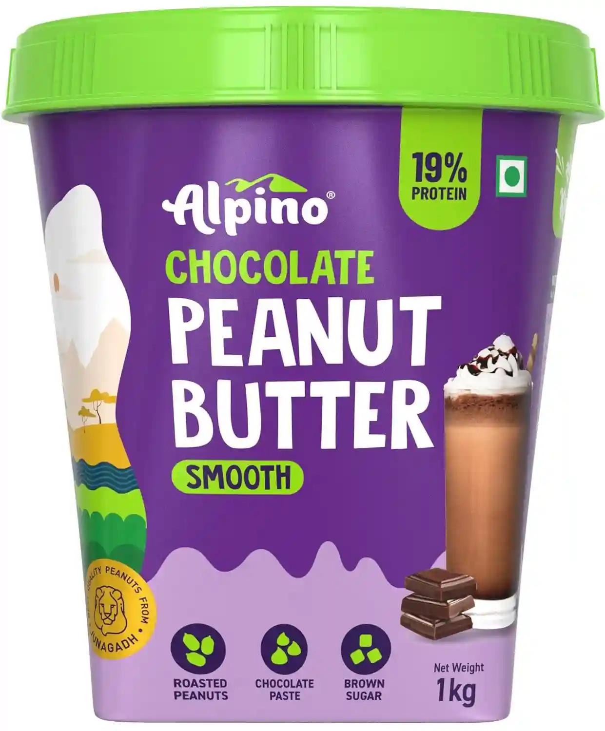 Alpino Health Foods Chocolate Peanut Butter Smooth 1kg - Roasted Peanuts, Chocolate Paste, Brown Sugar & Sea Salt - 24g Protein, Gluten Free – Plant Based Peanut Butter Creamy - Brand as Seen on Shark Tank India