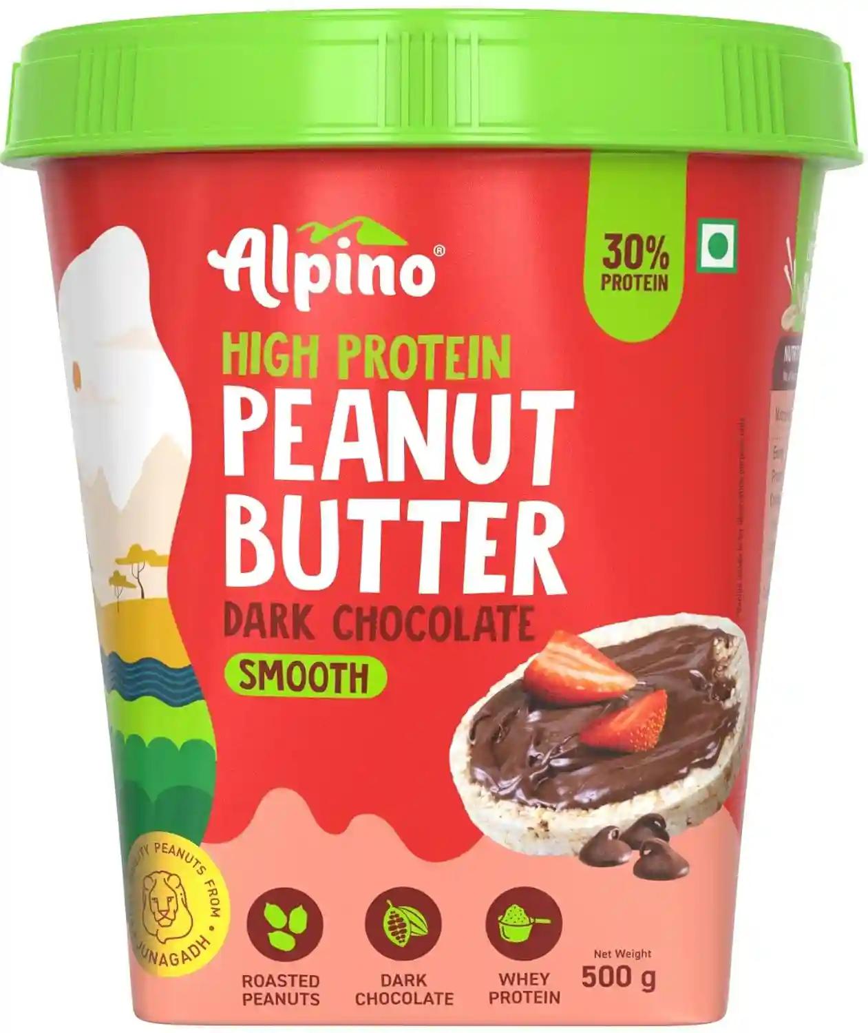 Alpino Health Foods High Protein Dark Chocolate Peanut Butter Smooth 500g - Roasted Peanuts, Dark Chocolate, Whey Protein & Pea Protein – 30g Protein, Gluten Free - High Protein Peanut Butter Creamy