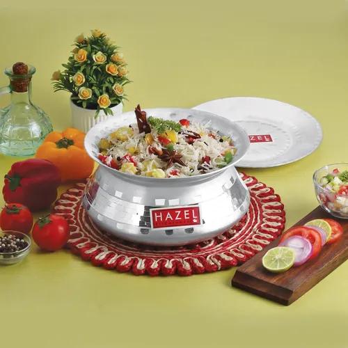 HAZEL Aluminium Handi with Lid Machine Hammered Finish Biryani Rice Cooking Pot Dhari Patiya Patila Tope Vessel, 24 cm, 3200 ML Silver