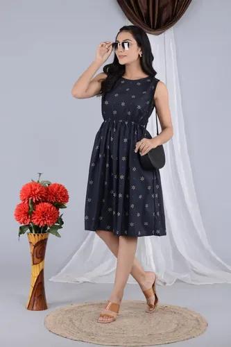 Floral Print Knee Length Sleeveless Dress for Women - XS