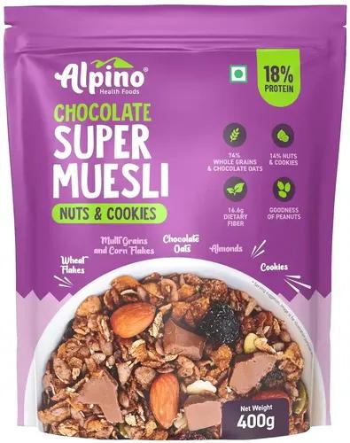 Alpino Health Foods Chocolate Super Muesli Nuts & Cookies - 70% Whole Grains & Chocolate Oats, 13% Nuts & Cookies - High in Protein, Source of Fibre – Breakfast Cereal (400 G)