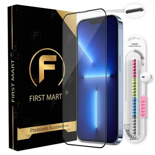 FIRST MART Premium Tempered Glass for iPhone 13 Pro Max / 14 Plus Edge to Edge Screen Coverage, Speaker Mesh Dust Filter & Cable Protector with Easy Installation Kit