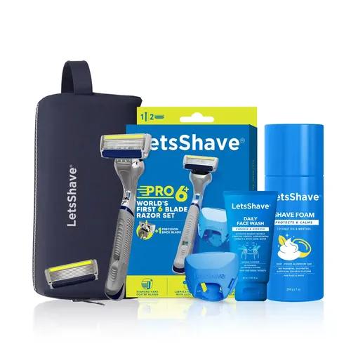 LetsShave Pro 6 Plus Face & Body Shaving Razor Shaving Kit World'S First 6-Blade Razor With Precision Trimmer - Razor + Shave Foam + After Shave Balm + Travel Pouch + Razor Cap