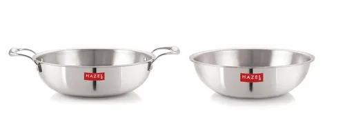 HAZEL Triply Stainless Steel Kadai & Tasra Cookware I Triply Kadai Steel, Set of 2, 3 litres I Induction Bottom Triply Cookware for Gas and Induction Cooktop