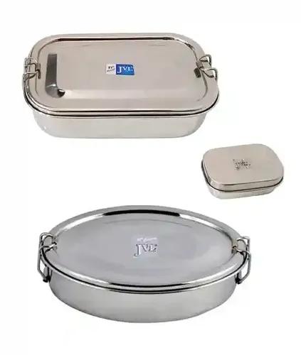 Jvl Stainless Steel Rectangular Single Layer Lunch Box With Small Container & Big Oval Lunch Box With Inner Plate Not Leak Proof - Pack Of 2