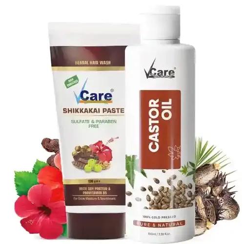 VCare shikakai Paste-150g Herbal Hair Wash and 100% Pure Castor Oil - Moisturizing & Healing, For Skin, Hair Care, Eyelashes Ideal For All Type Skin & Hair Growth Oil for Men & Women Hair Care 1+1 Combo