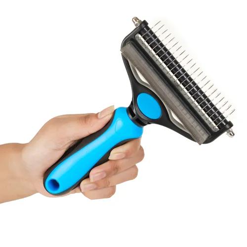 Wooflix 2-in-1 Hair Brush for Dogs | Dog Brush for Grooming | Dual Head Deshedding and Dematting Steel Dog Comb | Cat Grooming Kit Brushes | Pet Grooming Brush for Dogs & Cats | Pet Hair Remover Brush - Large (Black and Blue)