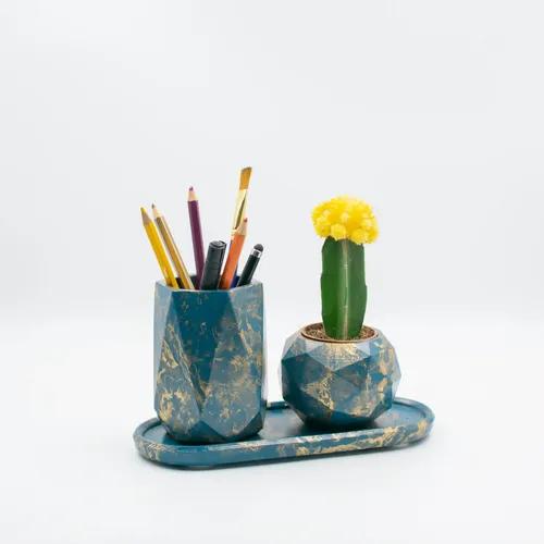 Dwell dapper Multi Purpose Pen Stand With Coaster And Small Planter Set Of 3(Cyan With Golden Texture)