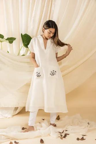 Linen Short Dress With Hand Embroidery Pockets - Small