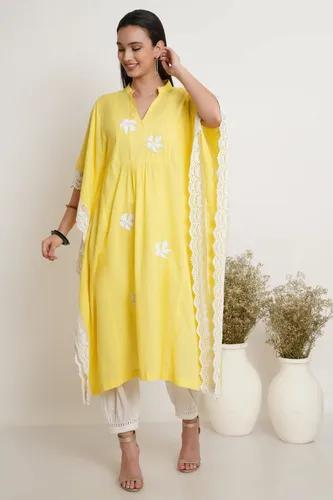 Yellow Hand Embroidered Kaftan - X-Small