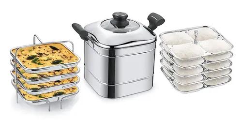 JVL Square Shape Designer Idli/Dhokla Maker 4 Plates Each with Glass Lid