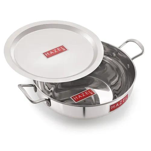 HAZEL Induction Base Kadai Kadhai | Stainless Steel Deep Karahi Induction Bottom Kadahi with Steel Lid Cover 30 cm Cookware Utensil, (Kadhai 28 cm, 4600 ml), Silver