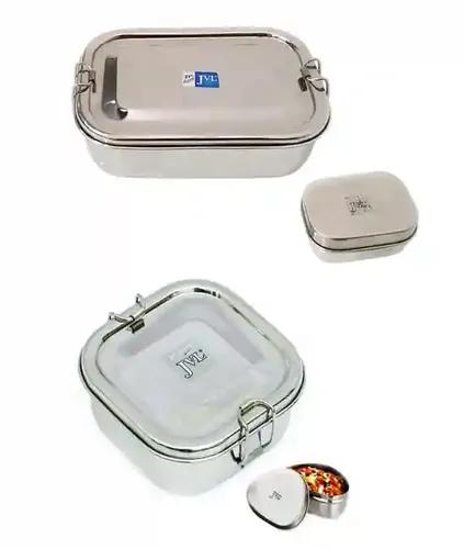 Jvl Stainless Steel Rectangular Single Layer Lunch Box With Small Container & Big Square Lunch Box With Mini Container Not Leak Proof - Pack Of 2