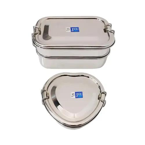 Jvl Stainless Steel Rectangular Double Layer Lunch Box With Inner Plate & Small Heart Single Layer Lunch Box With Inner Plate - Set Of 2