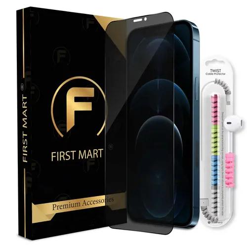 FIRST MART Privacy Tempered Glass for iPhone 12 Pro/iPhone 12 Edge to Edge Full Screen Coverage & Cable Protector & Easy Installation Kit