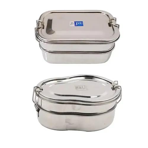 Jvl Stainless Steel Rectangular Shape Double Layer Lunch Box With Inner Plate & Small Guitar Shape Lunch Box Not Leak Proof - Pack Of 2