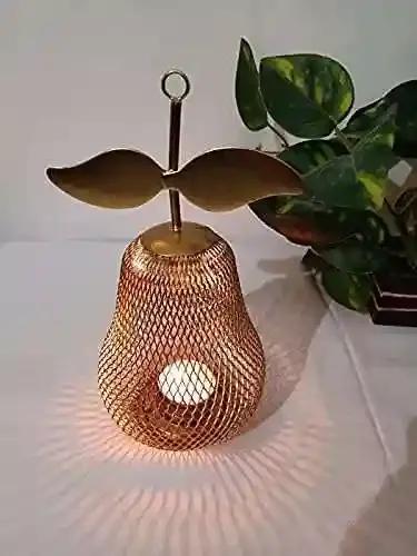 YELLOW Ribbon Metal Golden Pear Tea Light Cutwork Reflection Table Decorative | Candle Holder Gifting Item Metal Lantern and Hanging Tealight Holder | L*B* H : 11 x 13 x 21 CM