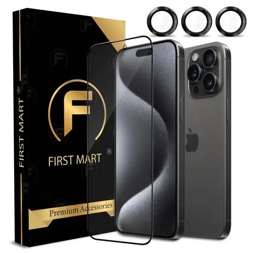 FIRST MART for iPhone 15 Pro Max Tempered Glass and 1 Set of Individual Black Titanium Camera Rings Protectors, 2.5D Curved Edges, Full-Coverage Military-Grade Protection, Scratch Resistant