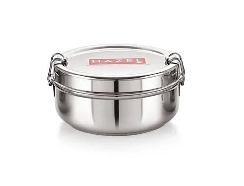 HAZEL Steel Tiffin Box for Office | Stainless Steel Lunch Box, 500 ML with Inner Plate | Traditional Design Glossy Finish Steel Lunch Box in Silver