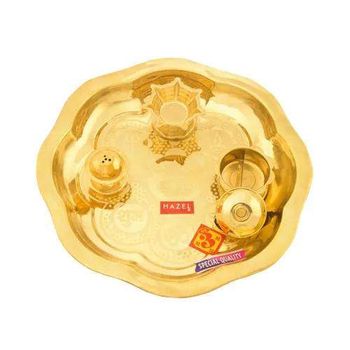 HAZEL Brass Puja Thali With Diya And Sindur Vati, 23.5 cm, Golden