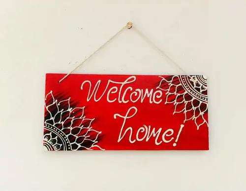 "Welcome Home" Hand Painted Wooden Wall Hanging Decor - Red