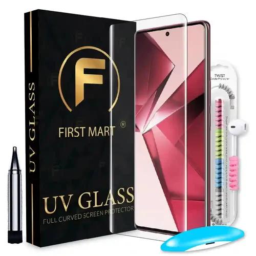 FIRST MART Tempered Glass for Vivo V29e 5G / Vivo V29 5G / T2 Pro 5G with Edge to Edge Full Screen Coverage and Easy UV Glue Installation Kit and Cable Protector, Pack of 1