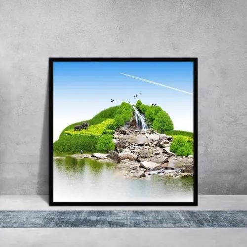 ArtzFolio Island With Vegetation & A Waterfall | Premium Canvas Painting for Bedroom & Living Room | Black Wood Frame | 20 x 20 inch (51 x 51 cms)