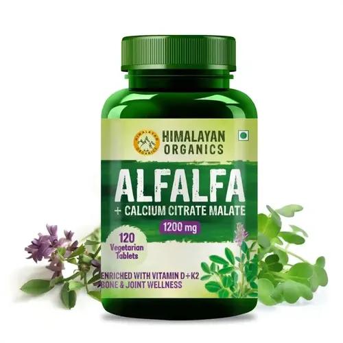 Himalayan Organics Alfalfa, Calcium Citrate Malate 1200mg with Vitamin D, K2 (MK7), B12, Zinc & Magnesium - 120 Veg Tablets