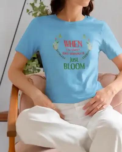 Bloom Unveiled Women's Floral Emblem Tee | 100% Premium Bio Wash Cotton T-Shirts - S  (Light Blue)