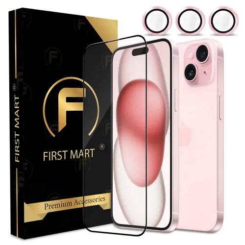 FIRST MART for iPhone 15 Plus Tempered Glass and 1 Set of Individual Pink Camera Rings Protectors, 2.5D Curved Edges, Full-Coverage Military-Grade Protection, Scratch Resistant | Pink Rings