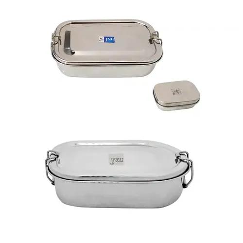 Jvl Stainless Steel Rectangular Single Layer Lunch Box With Small Container & Big Kar Lunch Box With Inner Plate Not Leak Proof - Pack Of 2