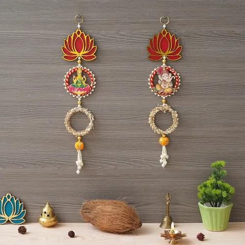 WEBELKART Laxmi Ganesh ji Wall Hanging |Lotus Back Drop Hanging | Wall Decor |Temple Decor Wall Hanging | Diwali Decor Wall Hanging Home and Office Decor (Set of 2) 17" Inches