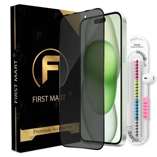 FIRST MART Privacy Tempered Glass for iPhone 15 Plus Edge to Edge Full Screen Coverage & Cable Protector & Easy Installation Kit