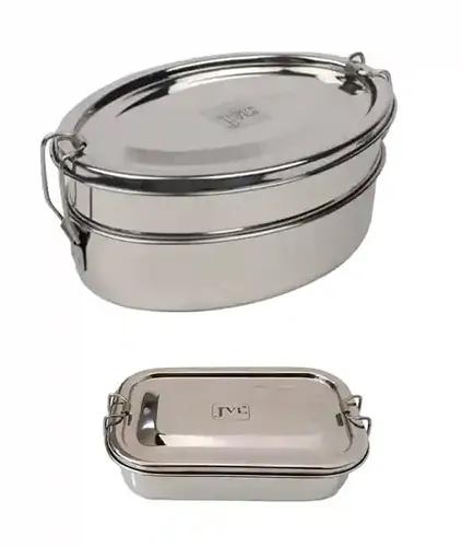 Jvl Stainless Steel Rectangular Shape Single Layer & Small Oval Shape Double Layer Lunch Box With Inner Plate - Set Of 2