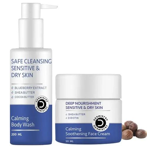 Dermistry Sensitive & Dry Skin Calming Soothing Thick Cream Body Wash & Deep Nourishment  Glowing Face Cream And Shea & Cocoa Butter And Blue Berry And Safe Mild Gentle Soap Free Cleanser And Moisturizing Revitalizing And Light Weight Winter & All Season Daily Use Nourishing Moisturizer | D Biotin Hyaluronic Acid For Men & Women ( Pack Of 2 250 Ml )