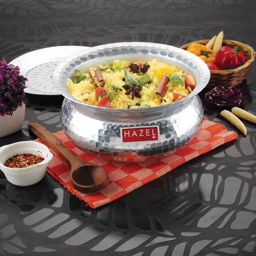 HAZEL Aluminium Hammered Finish Handi with Lid Biryani Rice Cooking Pot GOL Patiya Tope Patila Vessel, 28 cm, 5700 ML Silver