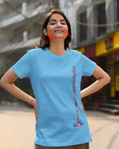 Color Cascade Women's Holi Tee | 100% Premium Bio Wash Cotton T-Shirts - S  (Light Blue)