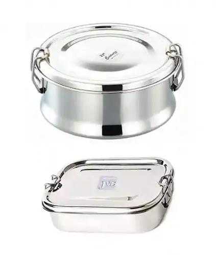 Jvl Stainless Steel Rectangular Not Leak Proof Lunch Box With Inner Plate & Small Round Shape Single Layer Lunch Box With Inner Plate - Set Of 2