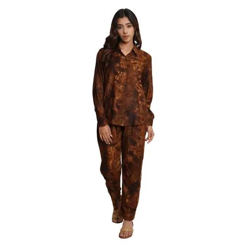 Brown Tie And Dye Rayon Short Co-Ord Set (Set of 2) - X-Small