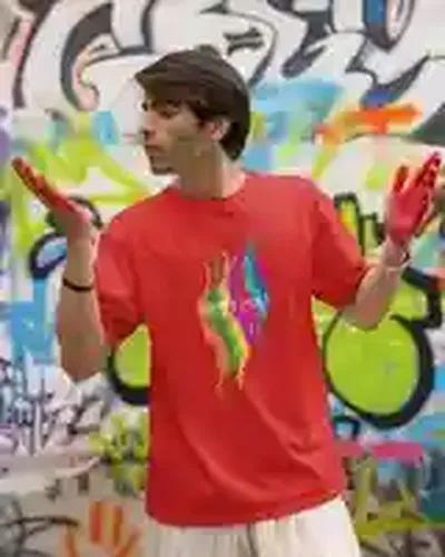 Celebrate with Style: Men's Colorful Happy Holi T-Shirt in Dynamic Splashes | 100% Premium Bio Wash Cotton T-Shirts - S  (Red)