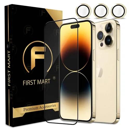 FIRST MART for iPhone 14 Pro Tempered Glass and 1 Set of Individual Gold Camera Rings Protectors, 2.5D Curved Edges, Full-Coverage Military-Grade Protection, Scratch Resistant | Gold Rings