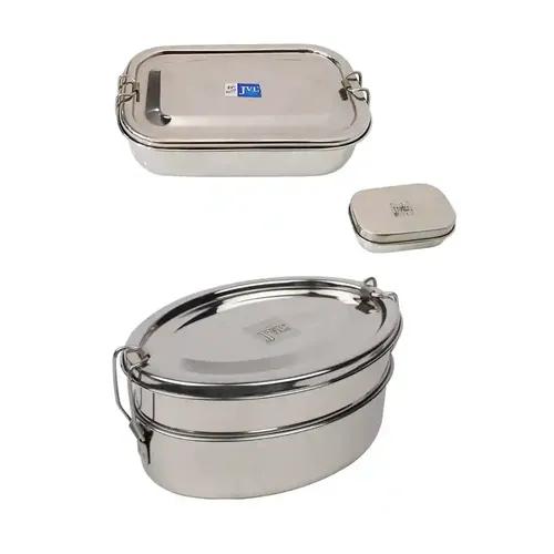 Jvl Stainless Steel Rectangular Single Layer Lunch Box With Small Container & Big Oval Double Layer Lunch Box With Inner Plate Not Leak Proof - Pack Of 2